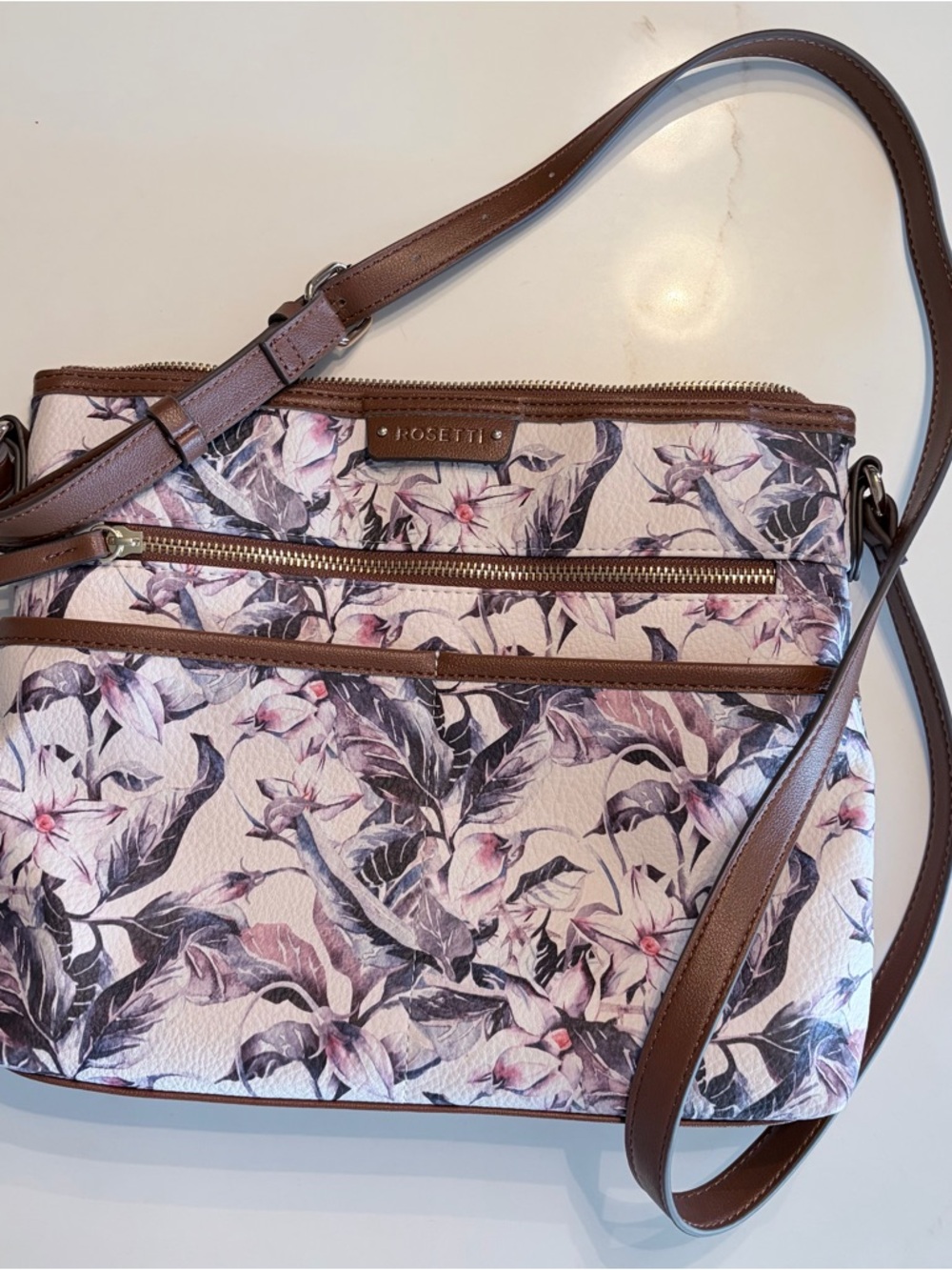NWOT, Rosetti Pink Floral Crossbody with Brown Trim and Adjustable Strap